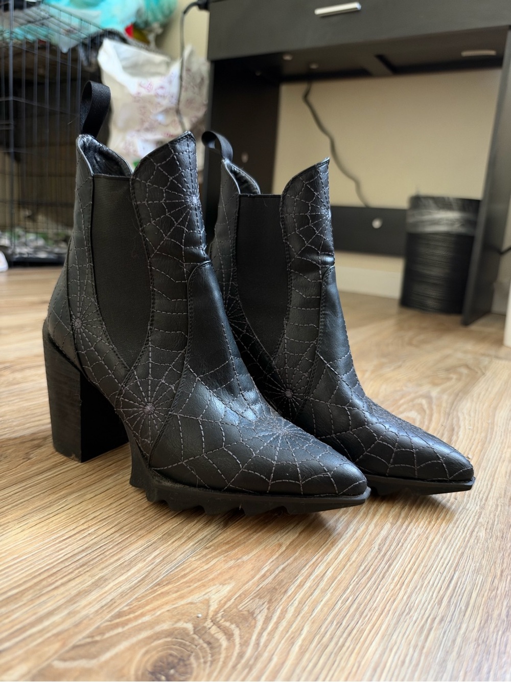 Dolls Kill Black Spiderweb Pointed Block Heel Ankle Boots